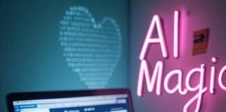 Free AI Tools for Social Media Cluttered desk, laptop, coffee mug, AI note, binary heart