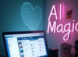 Free AI Tools for Social Media Cluttered desk, laptop, coffee mug, AI note, binary heart