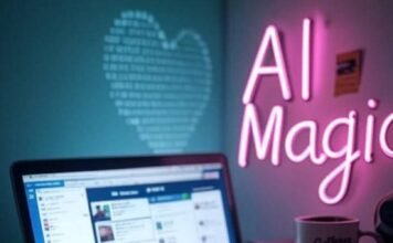 Free AI Tools for Social Media Cluttered desk, laptop, coffee mug, AI note, binary heart