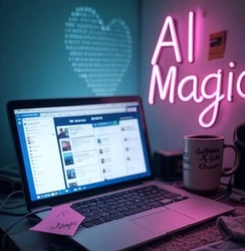 Free AI Tools for Social Media Cluttered desk, laptop, coffee mug, AI note, binary heart