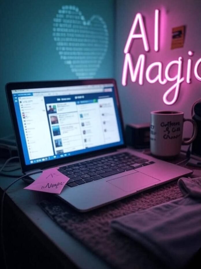 Cluttered desk, laptop, coffee mug, AI note, binary heart