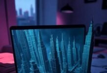 Free AI Tools for Image Generation Messy desk, glowing laptop, robot doodles, neon art