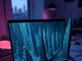 Free AI Tools for Image Generation Messy desk, glowing laptop, robot doodles, neon art