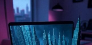 Free AI Tools for Image Generation Messy desk, glowing laptop, robot doodles, neon art