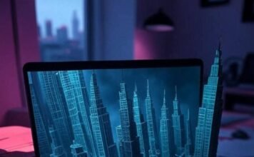 Free AI Tools for Image Generation Messy desk, glowing laptop, robot doodles, neon art