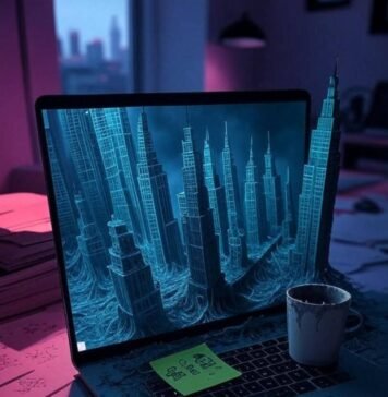 Free AI Tools for Image Generation Messy desk, glowing laptop, robot doodles, neon art