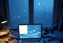 Free AI Tools for Video Generation Chaotic desk with glowing AI video in rainy Seattle