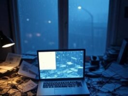 Free AI Tools for Video Generation Chaotic desk with glowing AI video in rainy Seattle