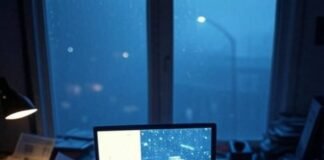 Free AI Tools for Video Generation Chaotic desk with glowing AI video in rainy Seattle