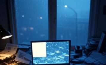 Free AI Tools for Video Generation Chaotic desk with glowing AI video in rainy Seattle