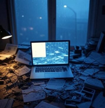 Free AI Tools for Video Generation Chaotic desk with glowing AI video in rainy Seattle