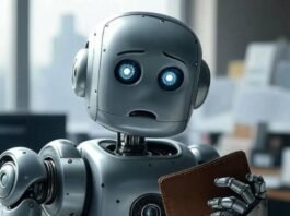 Is Google AI Free? My Take from Seattle Confused robot checks wallet in messy office