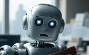 Is Google AI Free? My Take from Seattle Confused robot checks wallet in messy office