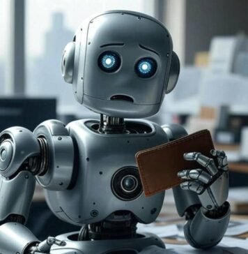 Is Google AI Free? My Take from Seattle Confused robot checks wallet in messy office