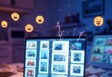 Free AI Tools for Preparing Presentations Messy desk, spilled coffee, AI slides, neon sparks