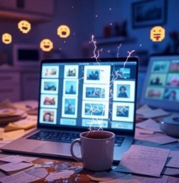 Free AI Tools for Preparing Presentations Messy desk, spilled coffee, AI slides, neon sparks