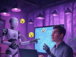 Will AI Tools Replace Humans? Human-Robot Cafe Collab, Neon Hopeful Vibe
