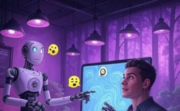 Will AI Tools Replace Humans? Human-Robot Cafe Collab, Neon Hopeful Vibe