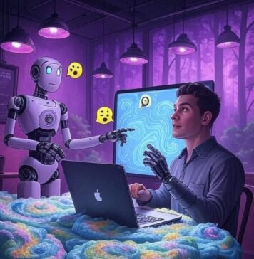 Will AI Tools Replace Humans? Human-Robot Cafe Collab, Neon Hopeful Vibe