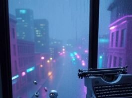 AI Is Taking Over: 7 Real-World Examples That Will Blow Your Mind in 2025 Rainy Seattle view, robot barista juggles, typewriter floats
