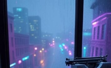 AI Is Taking Over: 7 Real-World Examples That Will Blow Your Mind in 2025 Rainy Seattle view, robot barista juggles, typewriter floats