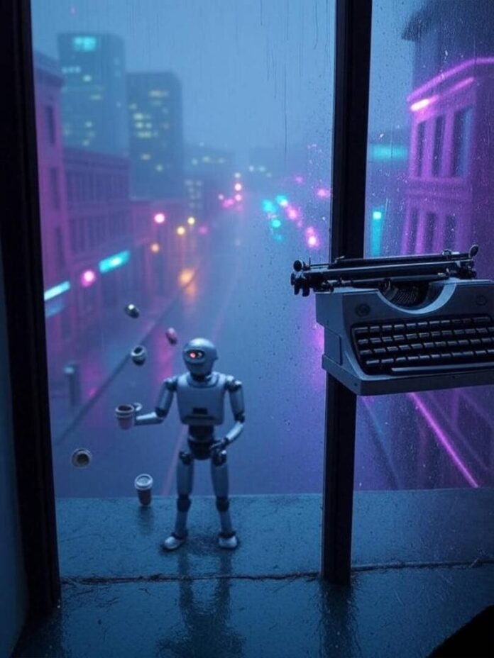 Rainy Seattle view, robot barista juggles, typewriter floats