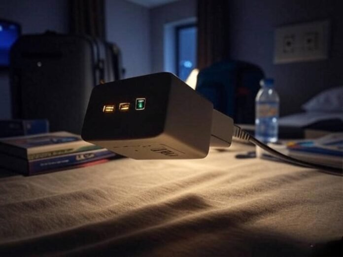 Glowing Universal Adapter in Messy Hotel Room