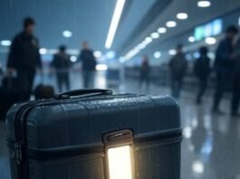 Luggage Trackers Reviews: My Messy Quest to Never Lose a Bag Again Rainy airport chaos, glowing tracker saves suitcase