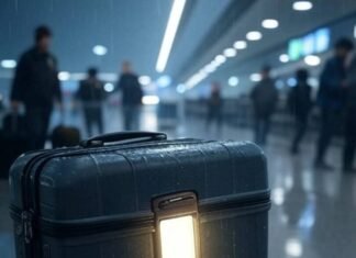 Luggage Trackers Reviews: My Messy Quest to Never Lose a Bag Again Rainy airport chaos, glowing tracker saves suitcase