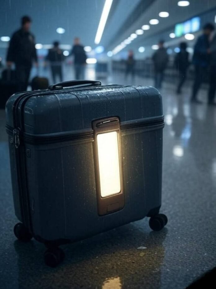 Rainy airport chaos, glowing tracker saves suitcase