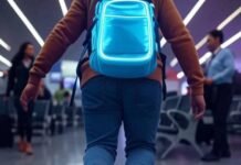 15 Must-Have Travel Gadgets Every Globetrotter Needs in 2025 Neon backpack gadgets in chaotic airport trip