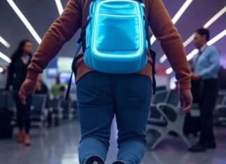 15 Must-Have Travel Gadgets Every Globetrotter Needs in 2025 Neon backpack gadgets in chaotic airport trip