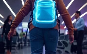 15 Must-Have Travel Gadgets Every Globetrotter Needs in 2025 Neon backpack gadgets in chaotic airport trip