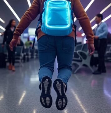 15 Must-Have Travel Gadgets Every Globetrotter Needs in 2025 Neon backpack gadgets in chaotic airport trip
