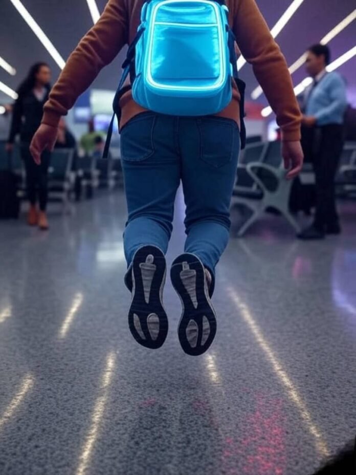 Neon backpack gadgets in chaotic airport trip
