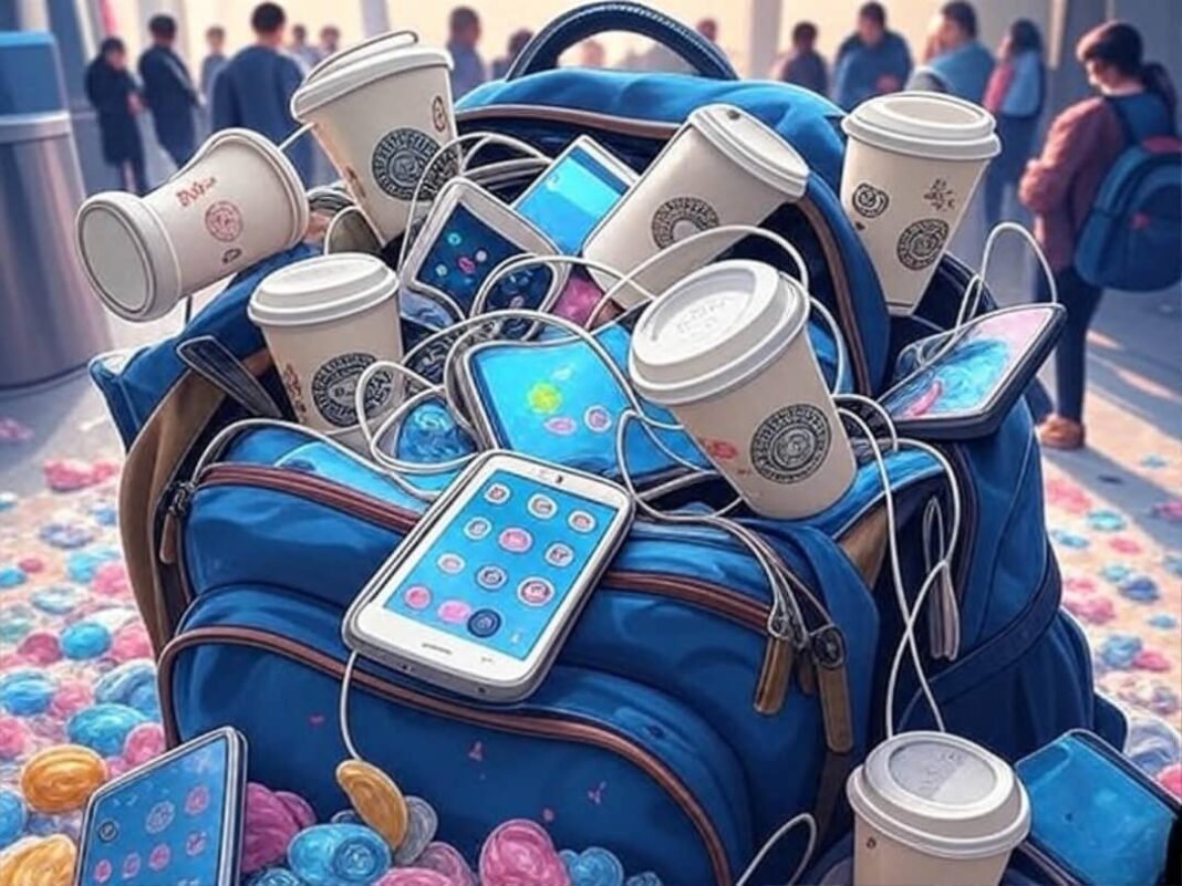 Cluttered backpack chaos with gadgets at O'Hare