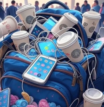 The Ultimate Guide to Smart Travel Gadgets That Save Time and Space Cluttered backpack chaos with gadgets at O'Hare