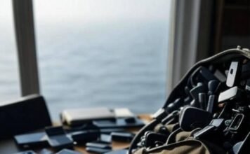 Top 10 Budget-Friendly Travel Gadgets You’ll Actually Usef Cluttered desk gadgets, foggy Lake Michigan view