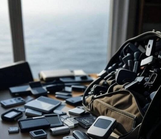 Top 10 Budget-Friendly Travel Gadgets You’ll Actually Usef Cluttered desk gadgets, foggy Lake Michigan view