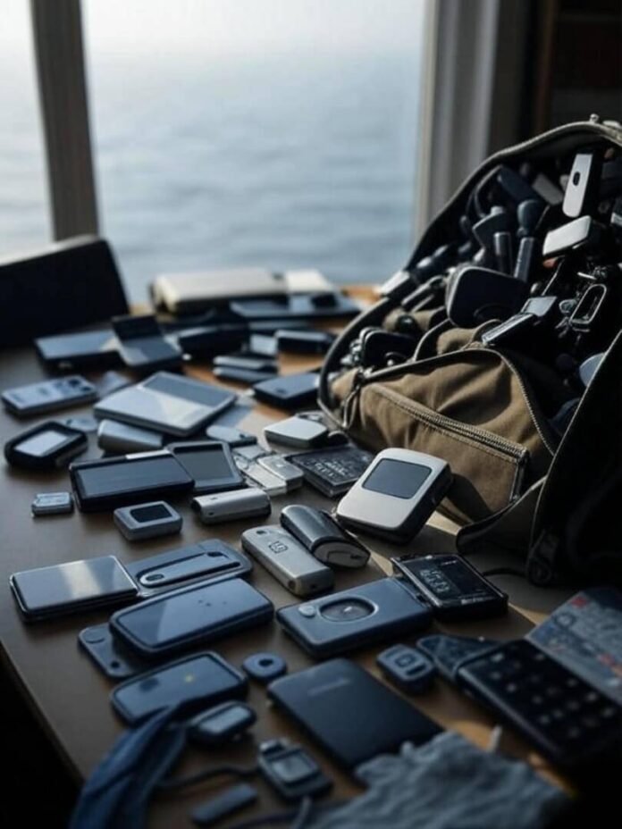 Cluttered desk gadgets, foggy Lake Michigan view