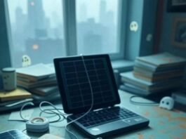 Compact & Clever: Best Travel Gadgets for Minimalist Travelers Messy Philly desk with travel gadgets and ghosts