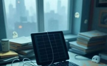 Compact & Clever: Best Travel Gadgets for Minimalist Travelers Messy Philly desk with travel gadgets and ghosts