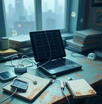 Compact & Clever: Best Travel Gadgets for Minimalist Travelers Messy Philly desk with travel gadgets and ghosts