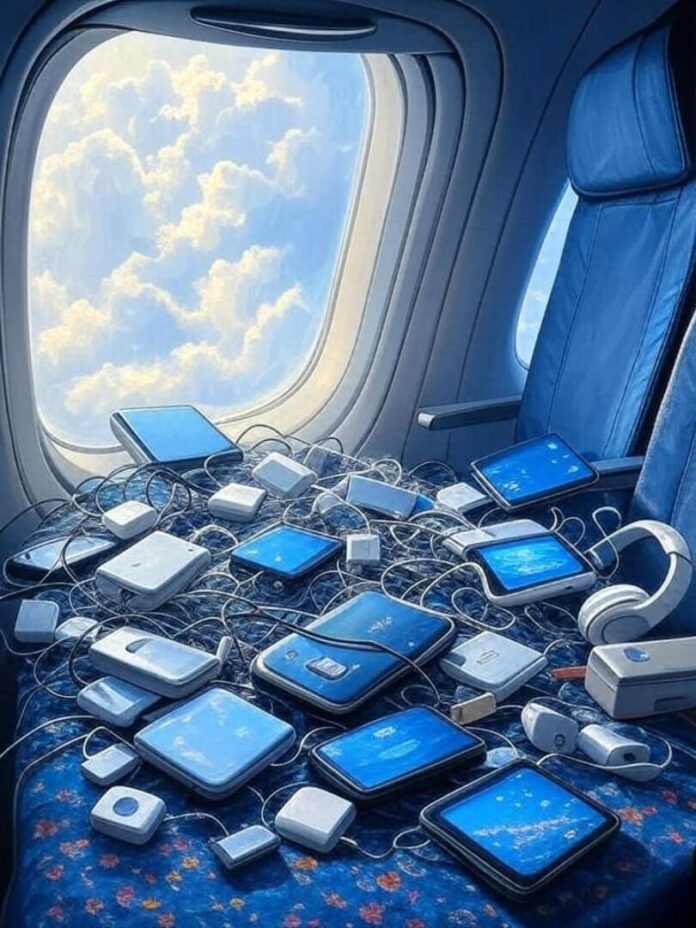 Dreamy chaos of travel gadgets in flight