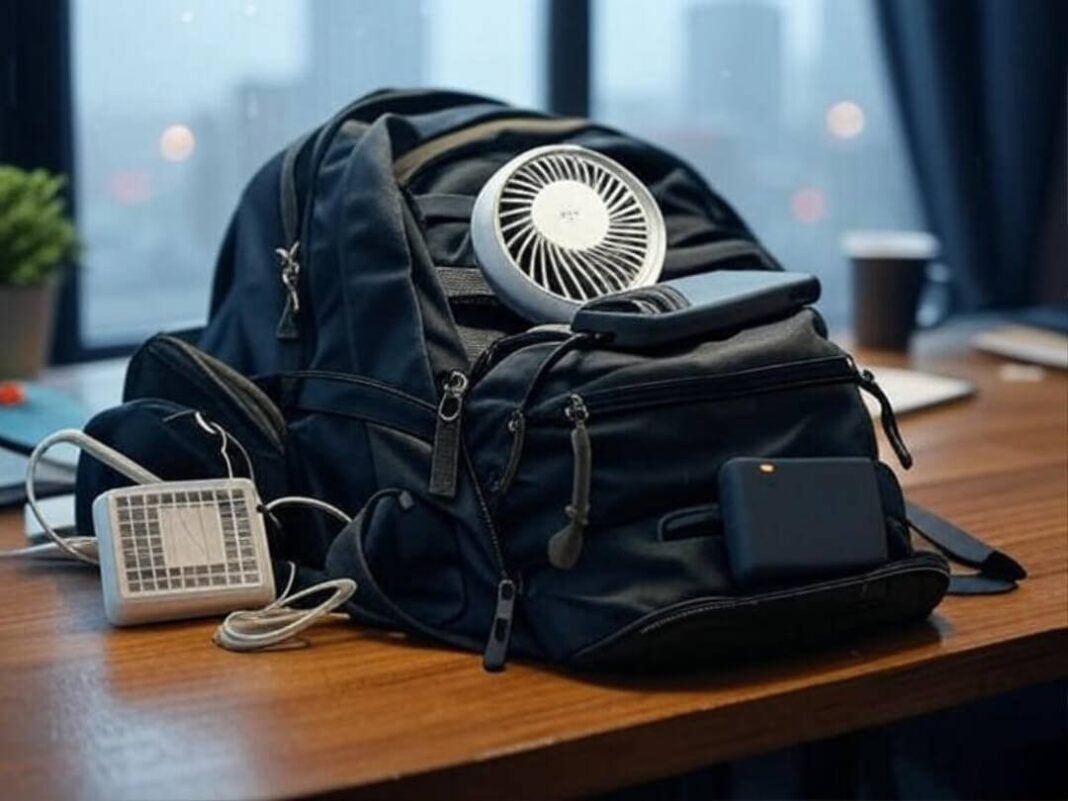 Rainy Seattle desk with overflowing gadget backpack