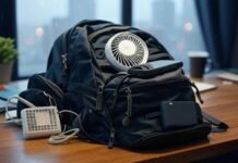 Pack Smarter: 12 Innovative Travel Gadgets for Stress-Free Adventures Rainy Seattle desk with overflowing gadget backpack