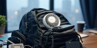 Pack Smarter: 12 Innovative Travel Gadgets for Stress-Free Adventures Rainy Seattle desk with overflowing gadget backpack