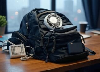 Pack Smarter: 12 Innovative Travel Gadgets for Stress-Free Adventures Rainy Seattle desk with overflowing gadget backpack