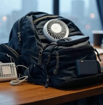 Pack Smarter: 12 Innovative Travel Gadgets for Stress-Free Adventures Rainy Seattle desk with overflowing gadget backpack