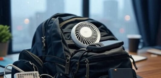 Pack Smarter: 12 Innovative Travel Gadgets for Stress-Free Adventures Rainy Seattle desk with overflowing gadget backpack